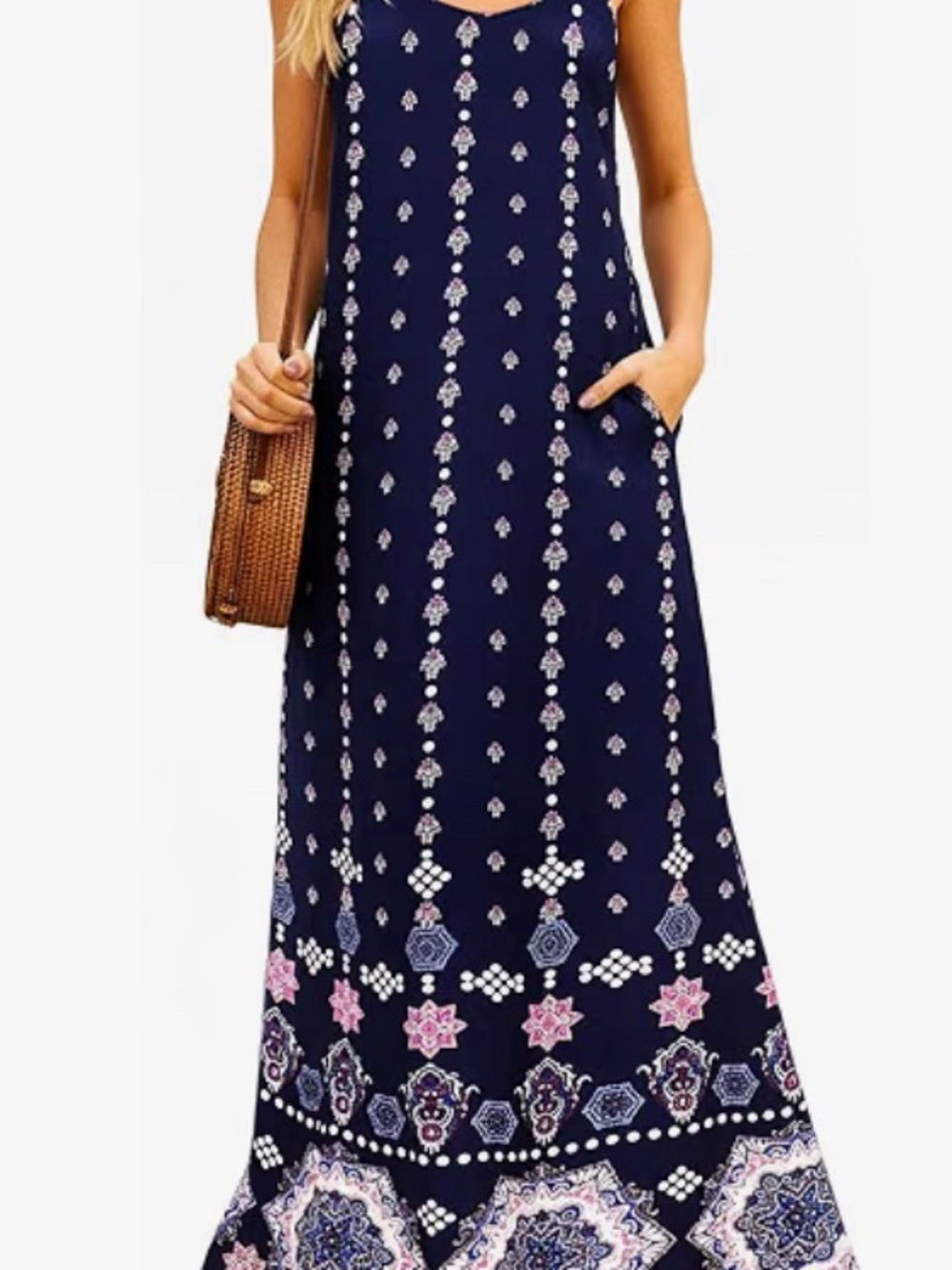 Navy Floral Border Maxi Slip Dress